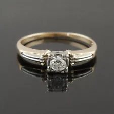 Art Deco Two Tone Solid 14K Gold, Diamond Solitaire Engagement Ring Wedding Band