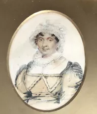 Antique REGENCY / GEORGIAN Miniature Portrait Watercolor Lady In Bonnet