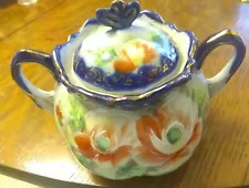 Nice Floral Lidded Sugar Bowl with Gold Trim on Cobalt 2 Handles Hand Painted