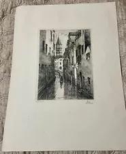 Antique black and white etching on paper, Venezia, Venice Canal, signed, 15 x 11