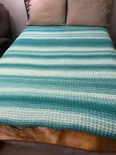 New Handmade Crochet Blanket Unisex Teal Ombré Queen/full Size Afghan 74x65 Inch