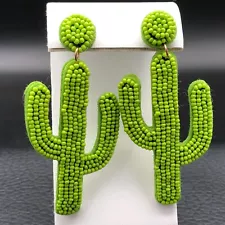 Handmade Seed Bead Earrings Fun Festival Green Saguaro Cactus Boho Stud Dangles