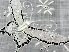 Vtg Antique Tablecloth Bridal White Linen Hand Embroidered Butterflies & Lace