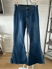 High Waist Denim Jeans Womens L Blue Stretch Flare Bell Bottoms Hippie NWT