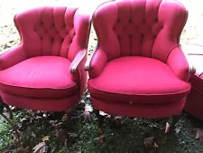 Vintage Red Cotton Velvet Arm Chairs Pair Hollywood Regency