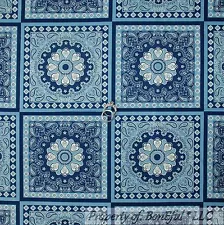 BonEful Fabric FQ Cotton Quilt Blue White Block Flower Bandana Check Square SALE