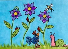 Friends”ACEO Outsider Artist PJR Mini Original Bird Flowers Snail Bumblebee SALE