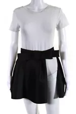 Dice Kayek Womens Belted Pleated Satin Mini Circle Skater Skirt Black Silk EU 36