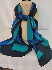 Beautiful Kavita Hand Painted Silk Scarf 14" X 60" Bright Blues & Black NWT