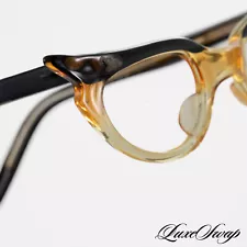 Vintage 1950s Anonymous Made in France Black Honey Cat Eye Flame Glasses Frames