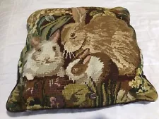 Vintage Rabbits Needlepoint Pillow 14”Handcrafted, 1991 Wool & Cotton Zip Close