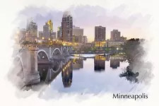 Minneapolis at night sketch watercolor on Canvas, Minneapolis Minnesota City sk