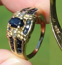 Estate Sale! 10k GOLD solid ring DARK BLUE SAPPHIRE DIAMOND size 7 womens TESTED