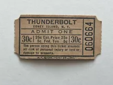 Amusement Coney Island NY Thunderbolt Ride Roller Coaster Ticket 1960-70s Era