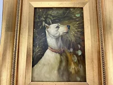 Robert Grace Gold Framed White English Terrier Dog Painting 11.5” X 9.5” X 1.5”