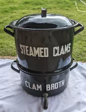 Clam Seafood Steamer Lobster Double Pot brass Broth Spigot Enamelware 15" Vtg