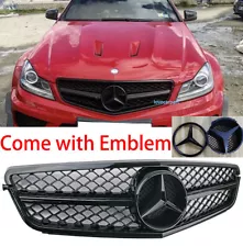 For Mercedes Benz W204 C250 C300 C350 Mesh Grill 2008-2013 Grille w/Emblem Black (For: 2013 C350)