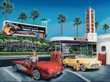 SALE! FLIGHT TO MARS Vancas Pinup 50s CORVETTE UFO SANTA MONICA GAS STATION 20"