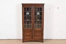 Antique Mission Oak Arts & Crafts Bookcase With Stained Leaded Glass Doors, 1900