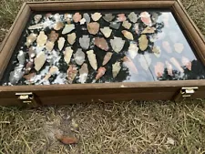 Over 60 Piece Ancient Authentic Arrowhead Collection With Glass Display Case