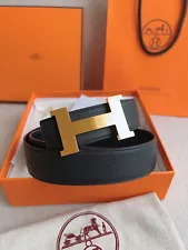 Hermès New Double-sided Men's Leather Belt Black gold buckle 36/90