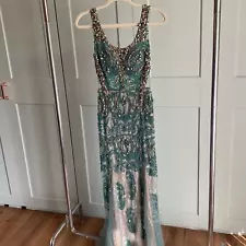 NWT Patbo Patricia Bonaldi teal hand beaded jeweled gown 38 small