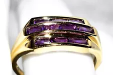 Amethyst Gold Ring 9ct Gold (3.60g) Baguette-Cut Amethysts Art Deco T /9.75 SALE