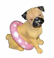 Tan Pug Realistic Figurine Wearing Pink Polka Dot Swim Tube 2x2 Resin HTF Puppy