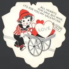 Vintage Valentines Card All HEARTS for SALE But MINE Girl Pushing Cart of Hearts