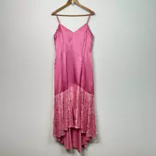 Vintage 80’s Pink Satin Lace V Neck High Low Hem Sleeveless Prom Dress Size 18