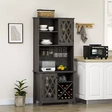 HOMCOM Kitchen Pantry Buffet Hutch Cupboard with Wine Rack Cabinet, Grey