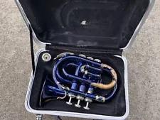 Mini Pocket Trumpet Blue Brass Colored Bb Pitch With Mouthpiece And Bonus Case