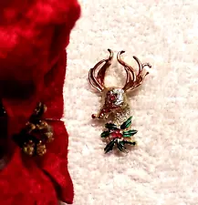 CLASSIC CHRISTMAS PIN BROOCH REINDEER RUDOLPH ANTLERS BOW GARLAND GOLD TONE X22P