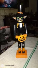 12in. Halloween Wooden Black Cat Nut Cracker Style (Non Functional)