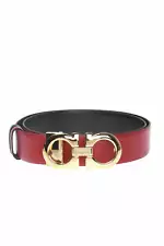 SALVATORE FERRAGAMO Double Gancini Thin Women's 564327 Black/Red Belt Size 100