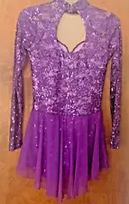 Purple Ice Skating Costume Dance Dress Women Med Sequins Line Up Co