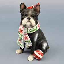 Boston Terrier in Scarf with Ball Resin Christmas Tree Ornament