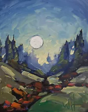 Hawkins Moon Glow Forest Scene Original Impressionist Artist Signed Painting Art