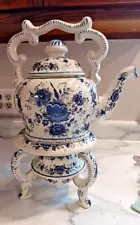 Vintage H. Bequet Quaregnon Delft Blue Antique Top Teapot w/ Oil Lamp Burner.