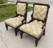 Pair--Walnut Victorian Eastlake Parlor Side Chairs w/Lion Heads c1880