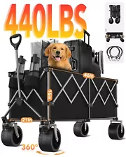 Collapsible Wagon 440LBS Heavy Duty Wagon Carts Foldable w/ Side Pocket & Brakes