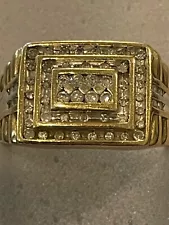 ESTATE SALE 10K Yellow Gold Mens Rectangular Diamond Cluster Ring