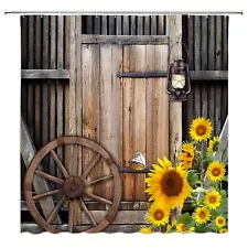 Old Rustic Barn Door Shower Curtain Vintage Wooden Board Sunflower Farmhouse