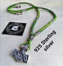 Mens necklace 925 Sterling silver. Paracord necklace with beads. Mjolnir pendant