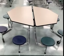 7 CAFETERIA Lunch TABLE W/ Stool SEAT, Tan TOP, GREEN SEAT, High School SIZE