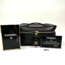 CHANEL Vanity Bag Pouch Caviar skin Leather Bicolore Black Purse #10192