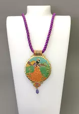 VTG Gold Tone-Colorful Enamel Medallion Pendant Rope Necklace By THE JOURNEY 22"