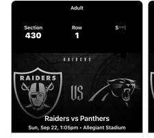 2 FRONT ROW Tickets Las Vegas Raiders Vs Carolina Panthers HOME OPENER 9/22 ð¥