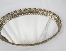 VTG Oval Gold Tone Mirror Vanity Tray Hollywood Era MCM Filigree Estate Sale