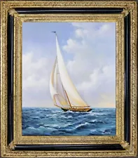 Gold Framed, Signed by David, Oil Painting on Canvas, Wild Wave, Sailing Boat